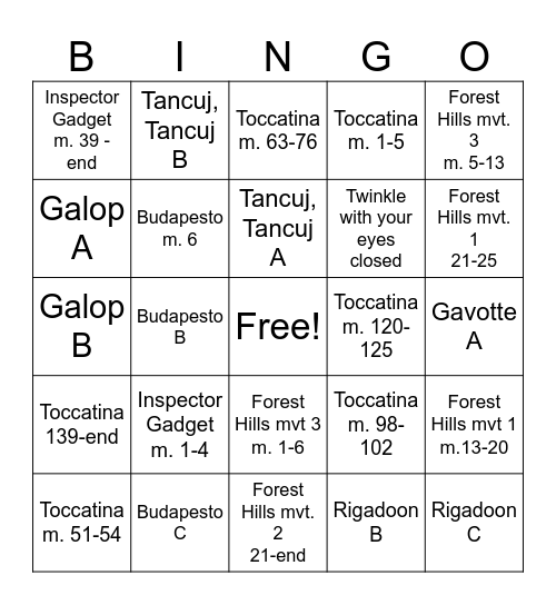 P2 Orchestra Bingo Card