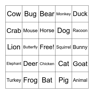 Animal BINGO Card