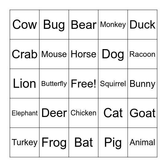 Animal BINGO Card