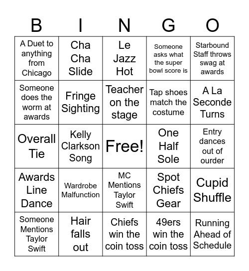 Super Dance Comp Bingo Bowl Bingo Card
