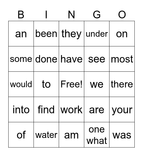 Sight Word Bingo Card