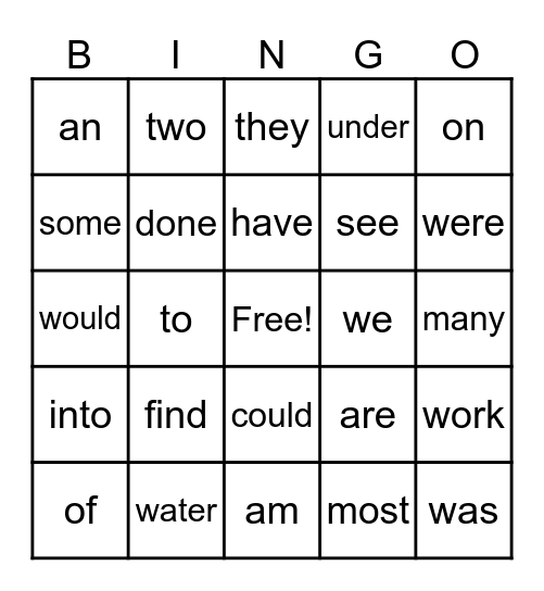 Sight Word Bingo Card