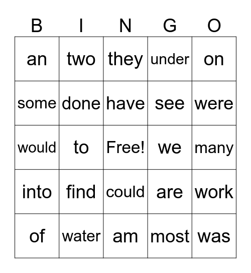 Sight Word Bingo Card