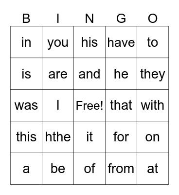 Sight Words Level 1 Words 1-25 Bingo Card