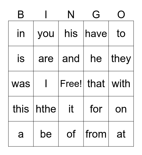 Sight Words Level 1 Words 1-25 Bingo Card