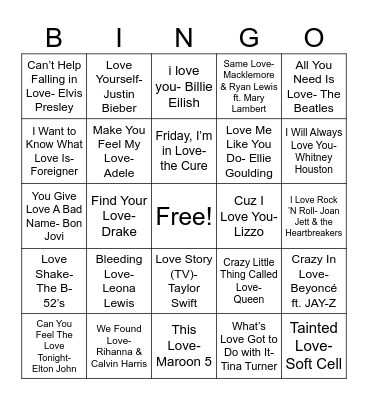 Songs With Love in the Title Bingo Card