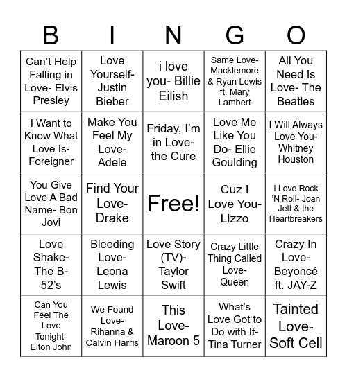 Songs With Love in the Title Bingo Card
