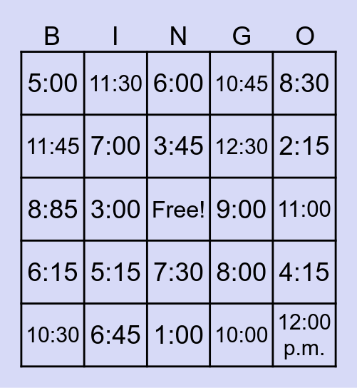 Time with :00, :15, :30 & :45 Bingo Card