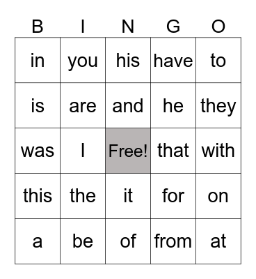 Sight Words Level I (Words 1-25) Bingo Card