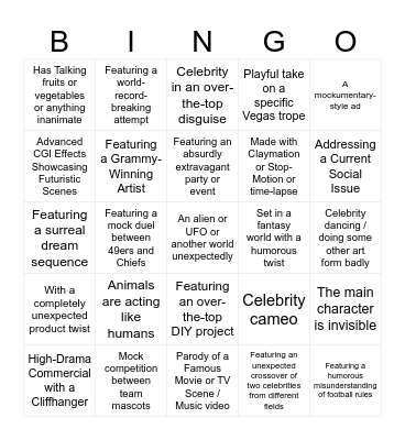 Krally Super Bowl Ad Bingo Card