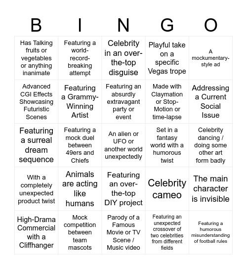 Krally Super Bowl Ad Bingo Card