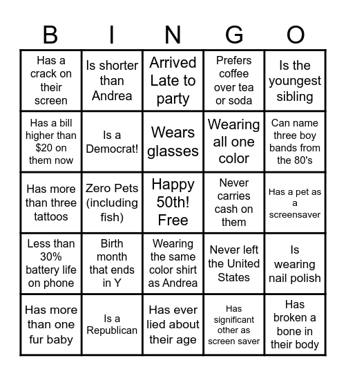 Andrea's Birthday Bingo Card