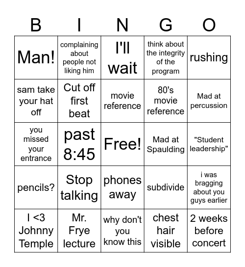 Concert band bingo Card