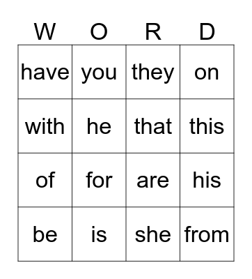 Sight Words Bingo Card