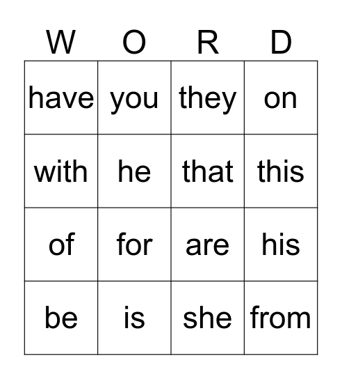 Sight Words Bingo Card