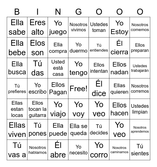 Unit 3 Verbs Bingo Card