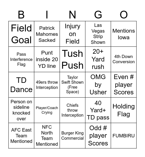 Superbowl Bingo Card