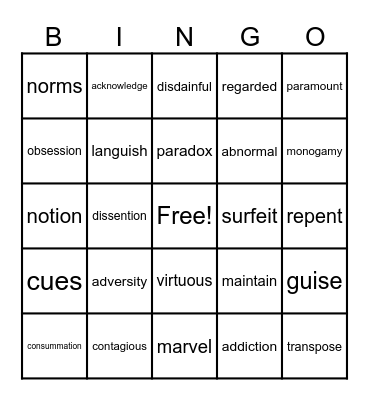 Focus Question 2 Vocab Bingo Card