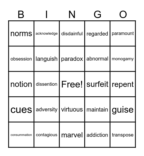 Focus Question 2 Vocab Bingo Card