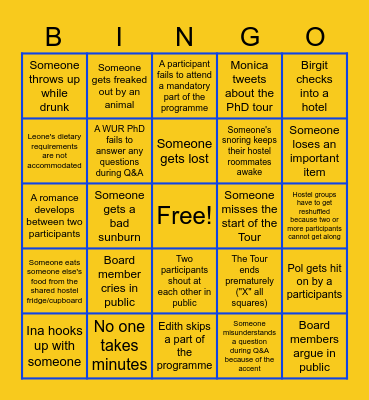 PhD Tour Australia Bingo Card