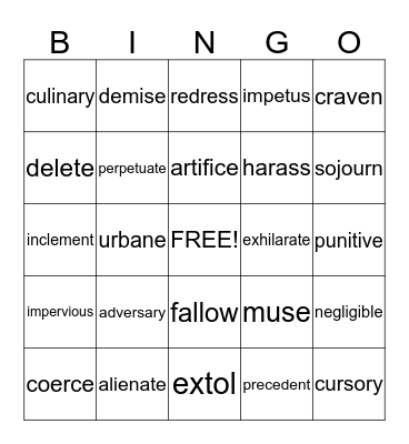 Vocabulary Bingo Card