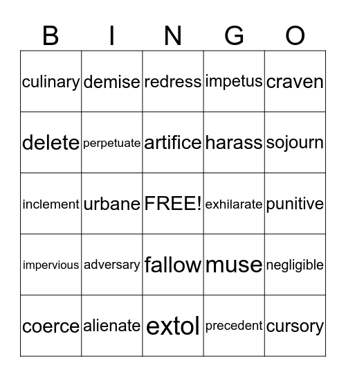 Vocabulary Bingo Card