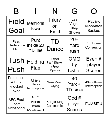 Superbowl Bingo Card