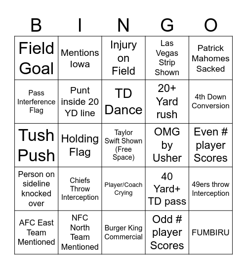 Superbowl Bingo Card