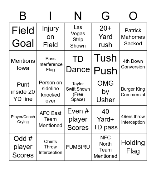 Superbowl Bingo Card