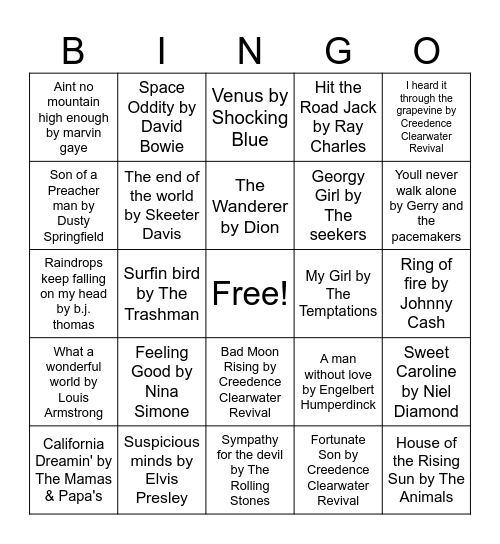 60's Music Bingo Card