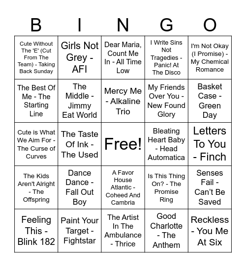 EMO VS POP PUNK DISCO BINGO Card