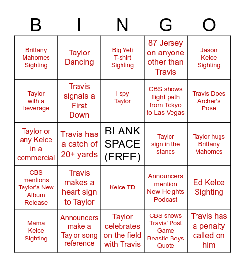 Super Bowl Taylor's Version Bingo Card