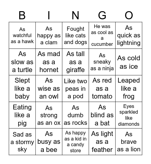 Simile Bingo Card