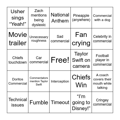 Super Bowl Bingo Card