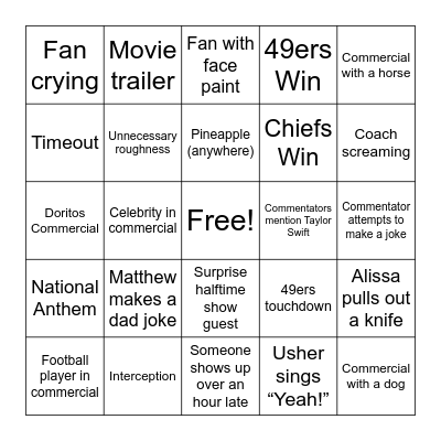 Super Bowl Bingo Card