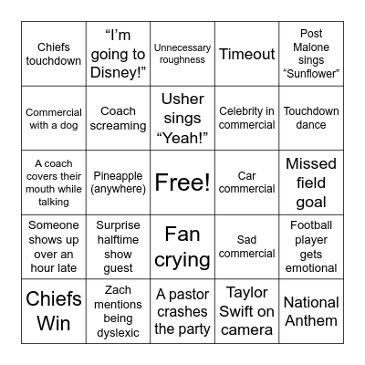 Super Bowl Bingo Card