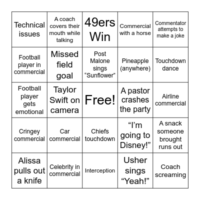 Super Bowl Bingo Card