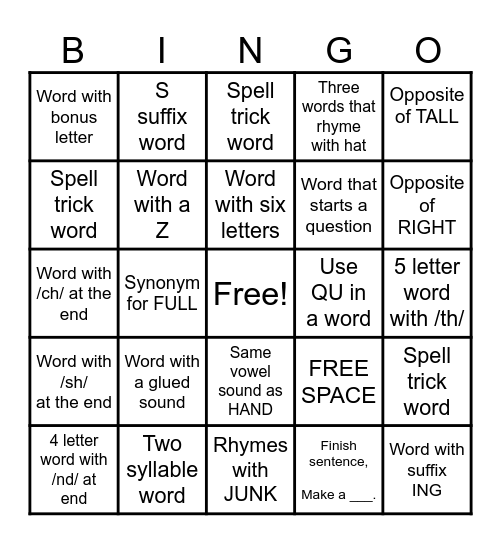 Word Challenge Bingo Card