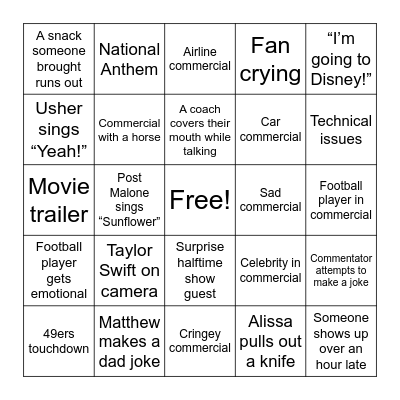 Super Bowl Bingo Card