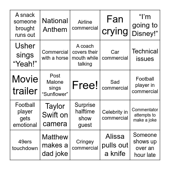 Super Bowl Bingo Card