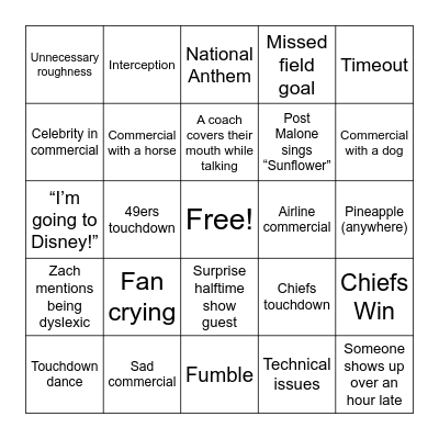 Super Bowl Bingo Card