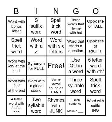 Word Challenge Bingo Card