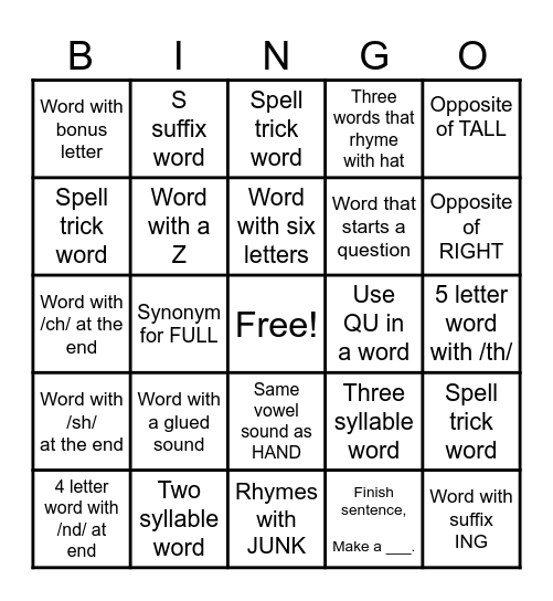 Word Challenge Bingo Card