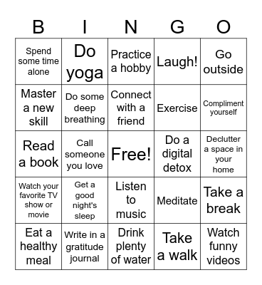 Mental Wellness Bingo Card