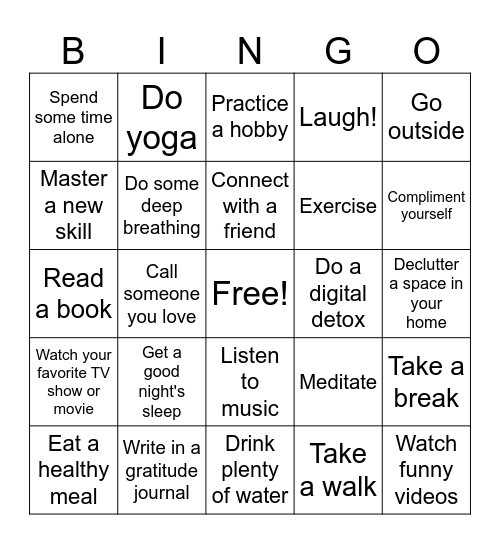 Mental Wellness Bingo Card