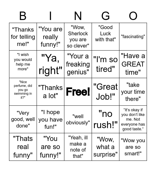 Sarcasm Bingo Card