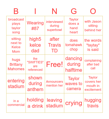 Taylor Swift Super Bowl Bingo Card