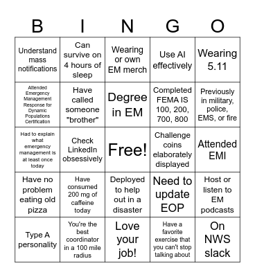 Emergency Management Bingo Card