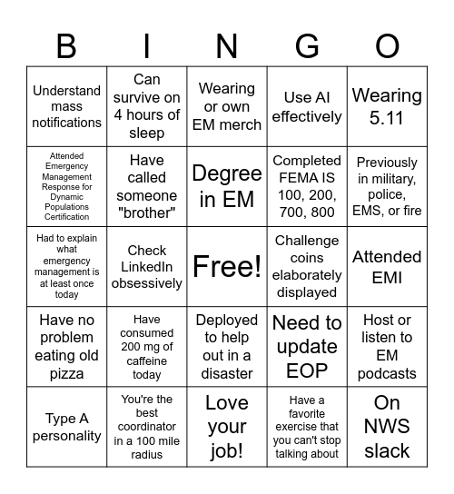 Emergency Management Bingo Card