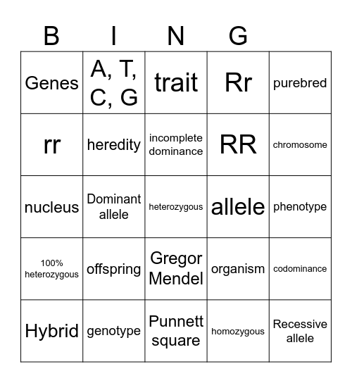 Heredity Bingo Card